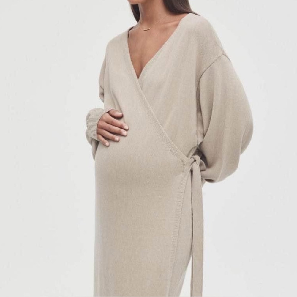 Wrap Maternity Sweater Dress in Beige
